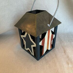 Patriotic Star tea light  Lantern - Rustic Red/White/blue with silver dome